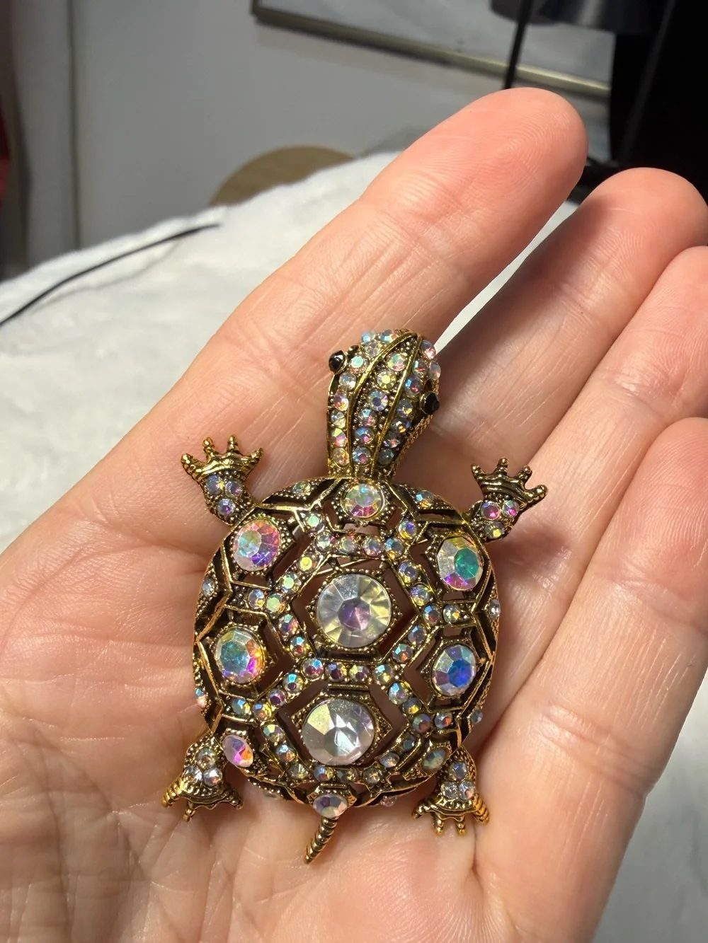 Gold Turtle Brooch with Iridescent Crystals - Fashion Jewelry pin